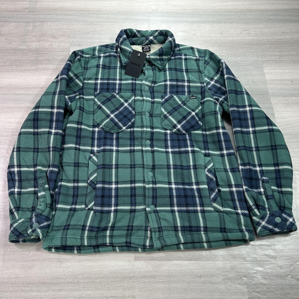 NEW Hurley Jacket Mens Small Green Plaid Fleece Sherpa Lined Snap Shacket 144313